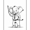 A cartoon elephant wearing a shirt, tie, and pants, holding a pencil and smiling, ready to draw or color. The background is plain white.