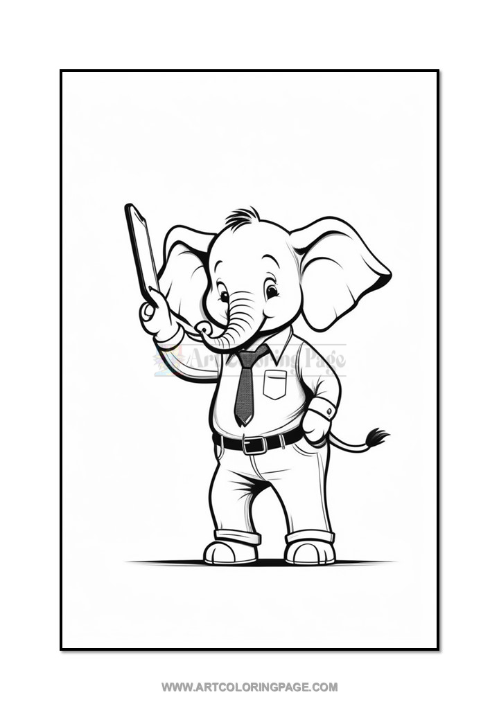 A cartoon elephant wearing a shirt, tie, and pants, holding a pencil and smiling, ready to draw or color. The background is plain white.