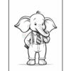 A cartoon elephant character wearing a tie and suspenders, standing upright with a smile, against a blank background, designed for coloring.