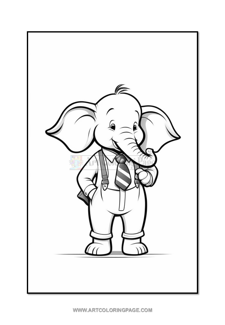 A cartoon elephant character wearing a tie and suspenders, standing upright with a smile, against a blank background, designed for coloring.