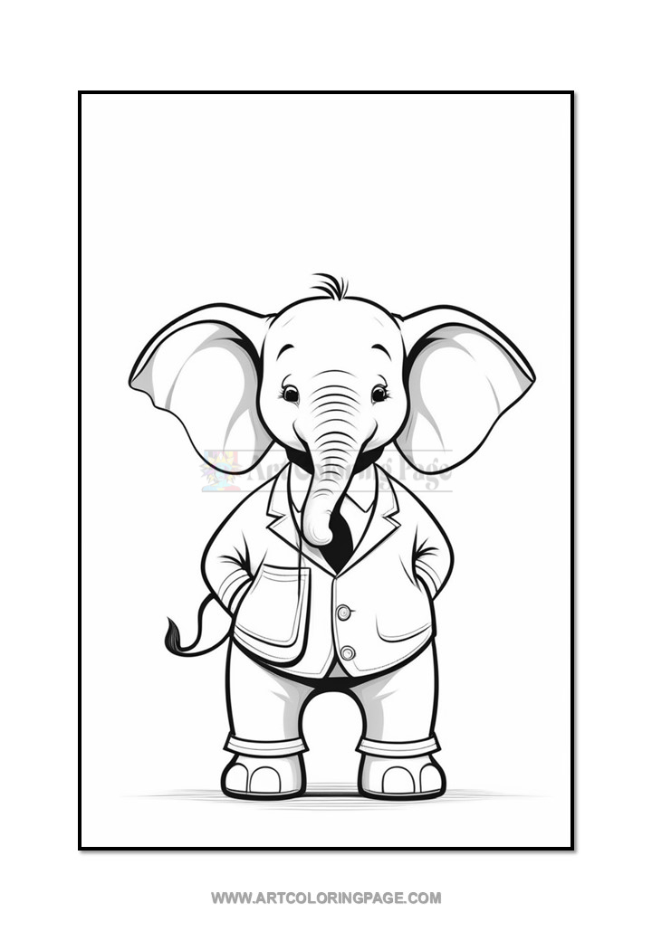 A cartoon elephant character wearing a suit with its hands in its pockets, standing with a confident posture against a plain white background.