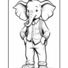 A cartoon elephant dressed in a shirt and trousers, standing with hands in pockets and a backpack, showcasing a friendly expression. The image is a black and white coloring sheet with clear outlines suitable for coloring activities.