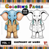 A colorful illustration of an elephant in a work outfit, with a black and white version for coloring, surrounded by colored pencils.