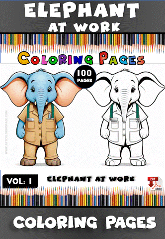 A colorful illustration of an elephant in a work outfit, with a black and white version for coloring, surrounded by colored pencils.