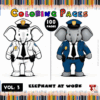 A cartoon elephant dressed as a police officer, shown in two outfits with a coloring page theme, surrounded by colored pencils.