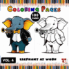 A cartoon elephant in a tuxedo playing a trumpet, with a colored version on one side and a black-and-white outline for coloring on the other.
