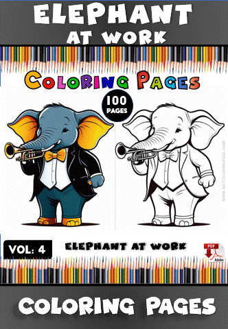A cartoon elephant in a tuxedo playing a trumpet, with a colored version on one side and a black-and-white outline for coloring on the other.