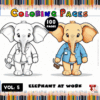 Coloring page featuring two elephants in different outfits: one in a doctor's coat and the other in a casual shirt, with colorful pencils in the background.