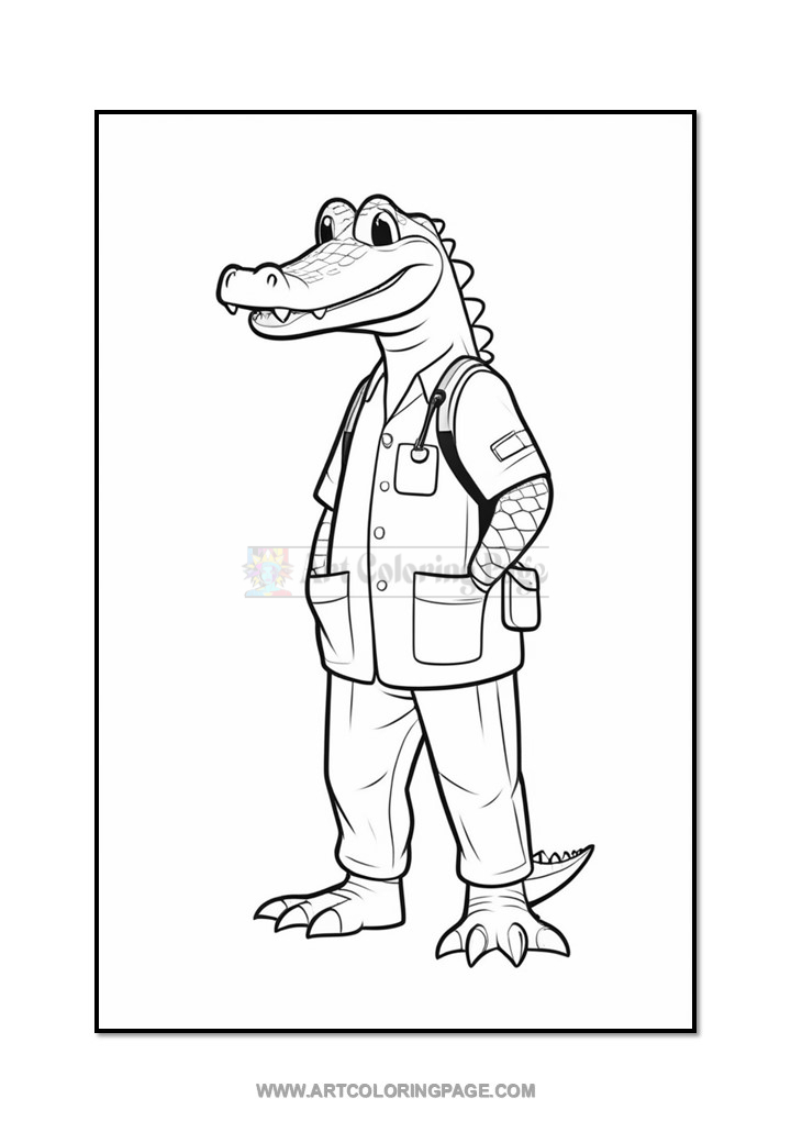 A cartoon alligator character standing upright, wearing a shirt, pants, and an apron with pockets. The character has a wide smile, a textured snout, and prominent teeth. It has a patch with a flag on the shirt, and the setting is a simple outline suitable for coloring.