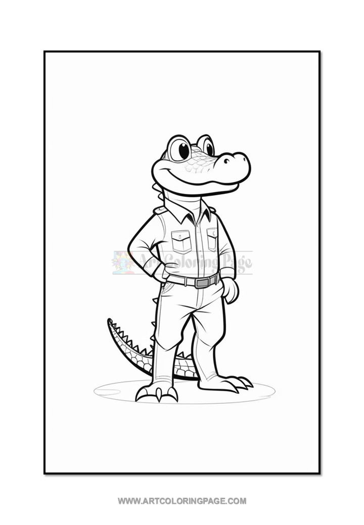 A cartoon alligator character standing confidently, wearing a button-up shirt and pants, with a friendly expression and its arms crossed.