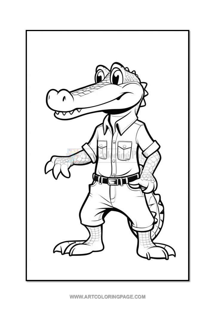 A cartoon alligator character wearing a short-sleeved shirt and shorts, standing with one hand raised. The alligator has a friendly expression, a broad smile, and is drawn in an outline style for coloring.