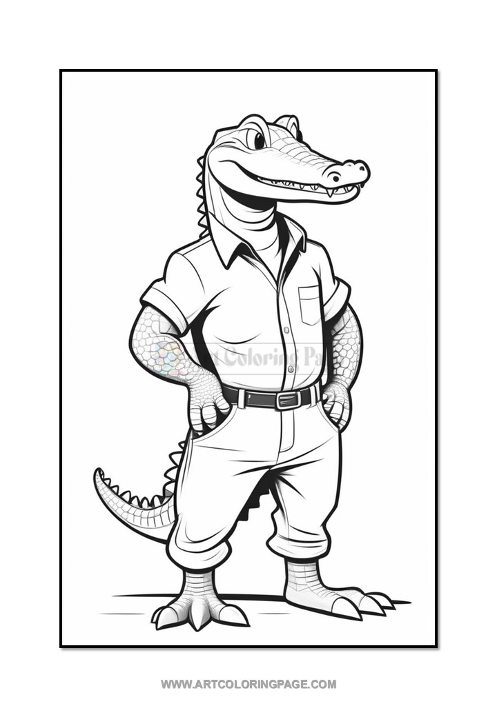 A cartoon alligator character wearing a button-up shirt and rolled-up pants, standing with hands on hips and a confident expression.