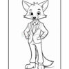 A cartoon fox character wearing a suit, standing with hands on hips and a friendly expression, outlined in black for coloring purposes.