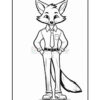 A cartoon fox character standing upright, wearing a button-up shirt, tie, and pants, with a friendly expression and hands on hips, outlined for coloring.