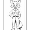 A cartoon fox character dressed in a uniform with a button-up shirt and belt, standing confidently with hands on hips, outlined for coloring.