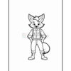 Line art of a cartoon fox character standing confidently with hands on hips, wearing a button-up shirt and pants, with a bushy tail visible behind.