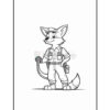 A cartoon fox character wearing a work outfit with a tool belt and holding a hose, illustrated in black and white for coloring purposes.