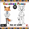 A coloring page featuring a fox in a suit on the left and a fox in casual clothing on the right, with a colorful background of pencils.