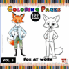 Coloring page featuring two cartoon fox characters dressed in work attire, one colored and the other in line art. Text reads 