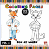 A coloring page featuring two illustrated fox characters: one in a lab coat and the other in a uniform, surrounded by colored pencils.