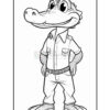 A cartoon alligator character standing confidently with hands on hips, wearing a button-up shirt and jeans. The character has a broad smile, big eyes, and textured skin details on its arms and feet. The image is in black and white, suitable for coloring.