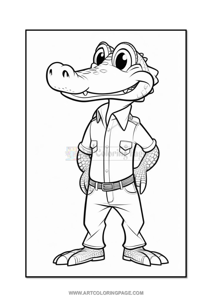 A cartoon alligator character standing confidently with hands on hips, wearing a button-up shirt and jeans. The character has a broad smile, big eyes, and textured skin details on its arms and feet. The image is in black and white, suitable for coloring.