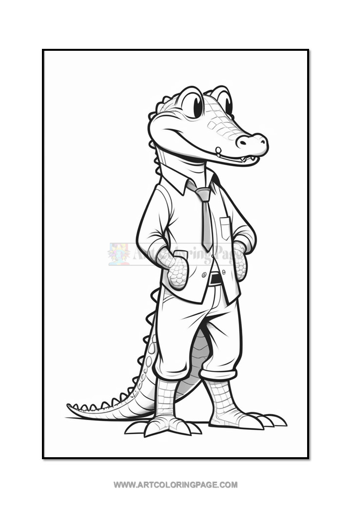A cartoon alligator character wearing a dress shirt, tie, and pants, with a confident pose and hands in pockets, smiling slightly, against a blank background.