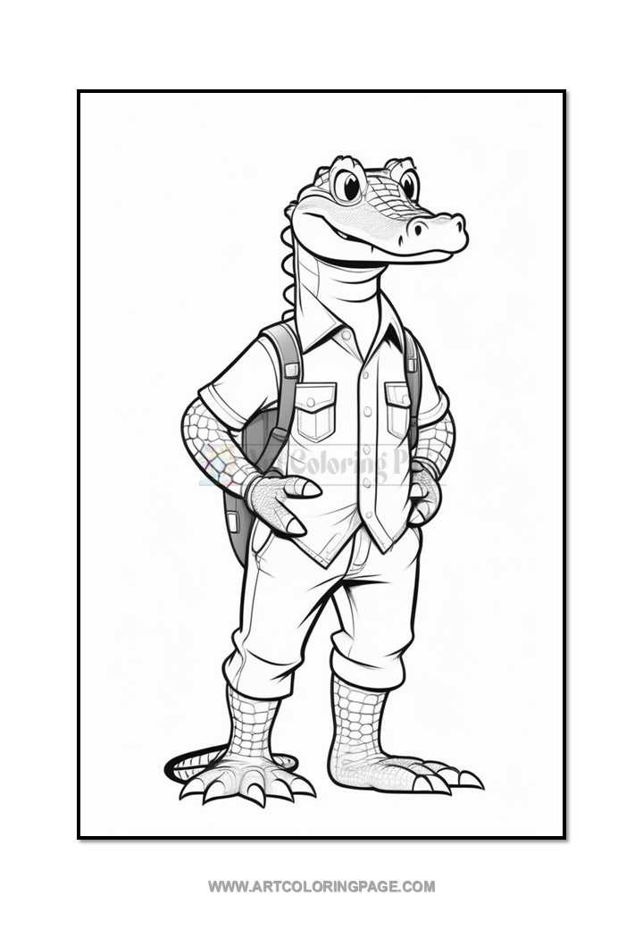 A cartoon alligator character dressed in a button-up shirt, shorts, and wearing a backpack, standing with its hands on its hips, set against a blank background.