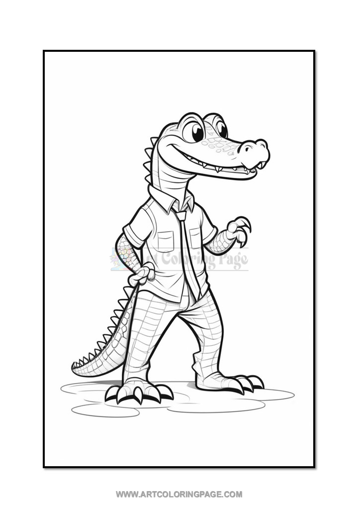 A cartoon crocodile character standing upright, wearing a button-up shirt and smiling. The character has detailed scales, arms crossed with a friendly posture, and is set against a plain background.
