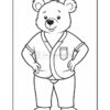 A cartoon bear wearing a hospital gown and pajama pants, standing with hands on hips, smiling. The bear features round ears and a friendly expression.