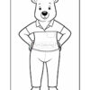 A cartoon bear standing and smiling, wearing a button-up shirt with short sleeves and pants, with its hands on its hips.