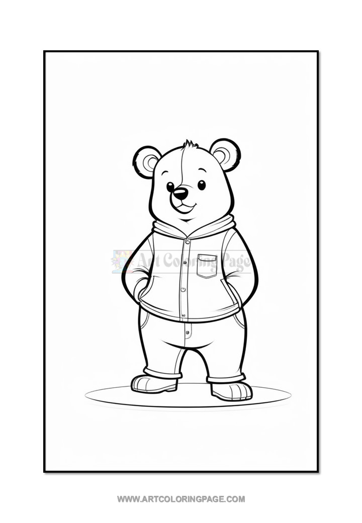 A cartoon bear wearing a hoodie and pants, standing with its hands in its pockets, smiling at the viewer. The bear has rounded ears and a friendly expression.