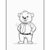 A cartoon bear character dressed in a collared shirt and tie, standing confidently with hands on hips, featuring a friendly smile and a plump figure, depicted in black and white for coloring purposes.