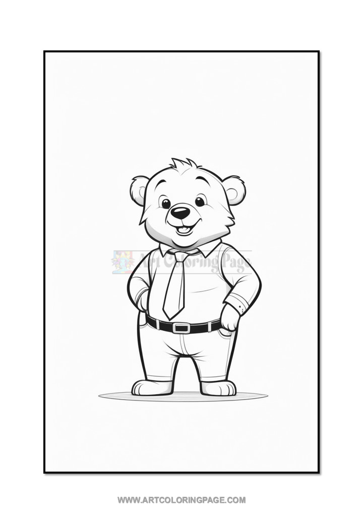A cartoon bear character dressed in a collared shirt and tie, standing confidently with hands on hips, featuring a friendly smile and a plump figure, depicted in black and white for coloring purposes.