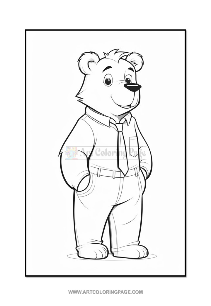 A cartoon bear standing confidently, wearing a collared shirt and tie, along with pants. The bear has a friendly expression, with its hands placed in its pockets.