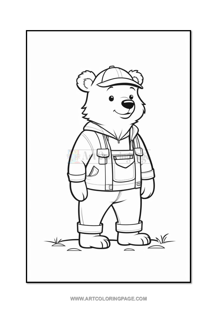 A cartoon bear character wearing a cap and overalls, standing with a friendly smile. The bear has a round face with prominent ears and paws, and is depicted in a simple, black line drawing style suitable for coloring.