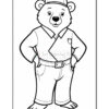 A cartoon bear character standing with hands on hips, wearing a cap, collared shirt, and jeans.