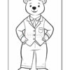 A cartoon bear wearing a suit with a pocket and tie, standing with hands on hips, in a coloring book style illustration.