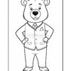 A cartoon bear character standing confidently with hands on its hips, wearing a suit with a tie and a pocket square, depicted in a coloring book style.