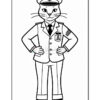 A cartoon cat dressed in a police officer's uniform, standing confidently with hands on hips. The cat has a cap and various insignia on its uniform, presented in a coloring book style with bold outlines.