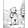 A cartoon bear wearing overalls and a backpack stands in a forested landscape with mountains in the background; the scene is outlined for coloring.