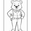 A cartoon bear character, standing confidently with paws on hips, wearing a button-up shirt, bow tie, suspenders, and trousers, outlined for coloring.