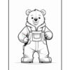 A cartoon-style bear wearing overalls and a hoodie, standing upright with a friendly expression, featuring rounded ears and a large nose, set against a plain background.