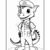A cartoon dragon character dressed as a police officer, wearing a hat and a uniform with pockets, stands confidently with a cheerful expression. The dragon has a spiked tail and claws, and is set against a plain white background, ready for coloring.