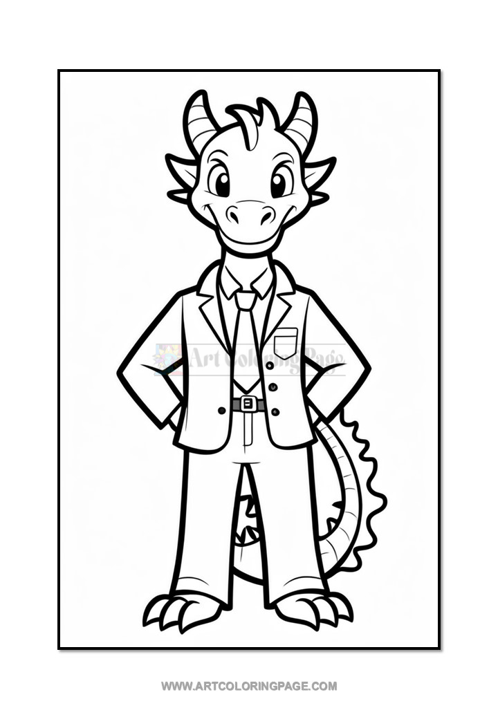 A cartoon dragon character wearing a suit and tie, standing confidently with its hands on its hips, outlined in black and ready for coloring.