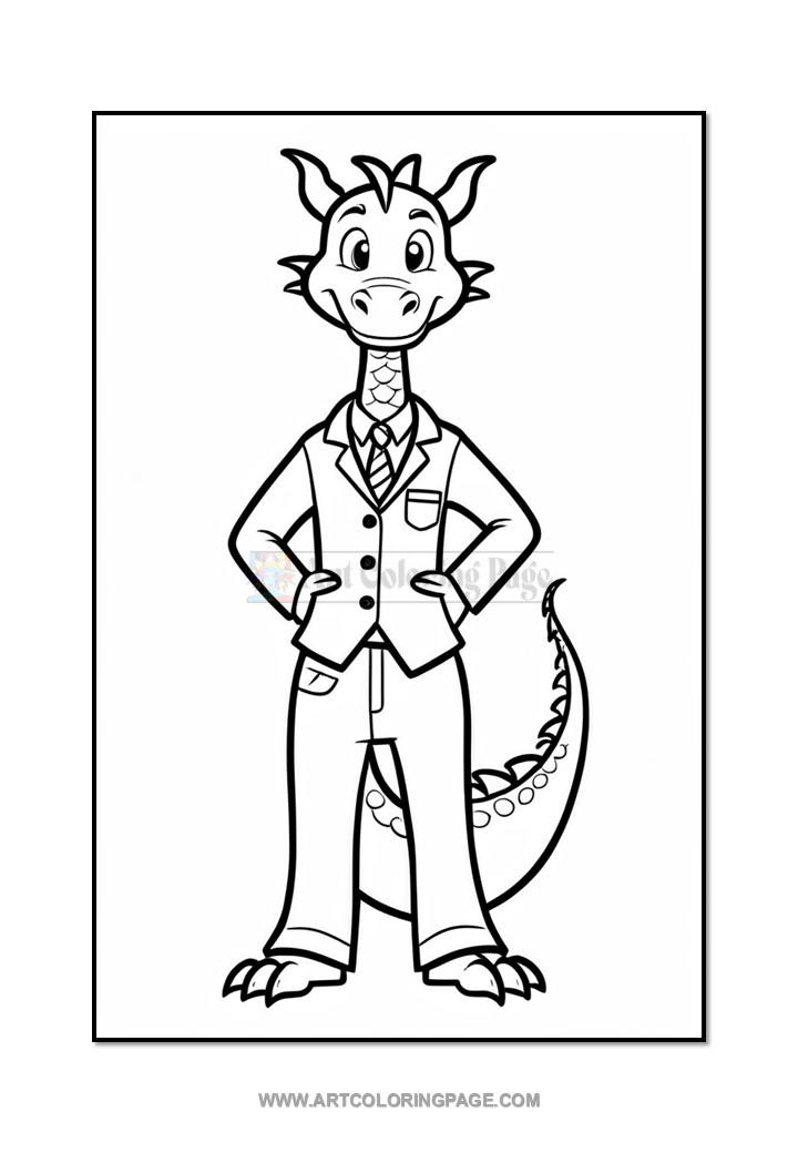 A cartoon dragon wearing a suit and tie, standing with hands on its hips, outlined for coloring. The dragon has a friendly expression and features like horns and a spiked tail, set against a plain background.