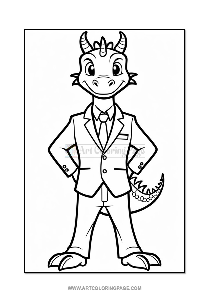A cartoon dragon character dressed in a suit, standing confidently with its hands on its hips; the image is outlined in black and designed for coloring.
