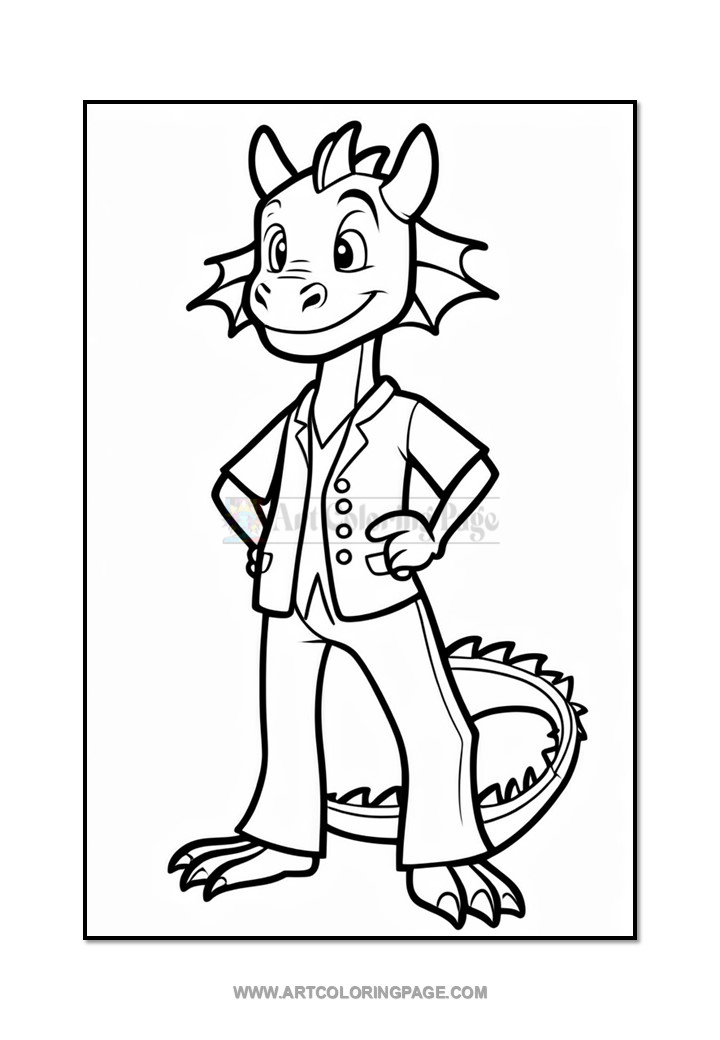 A cartoon dragon character wearing a suit and standing confidently with hands on hips, in a black and white line art style suitable for coloring.