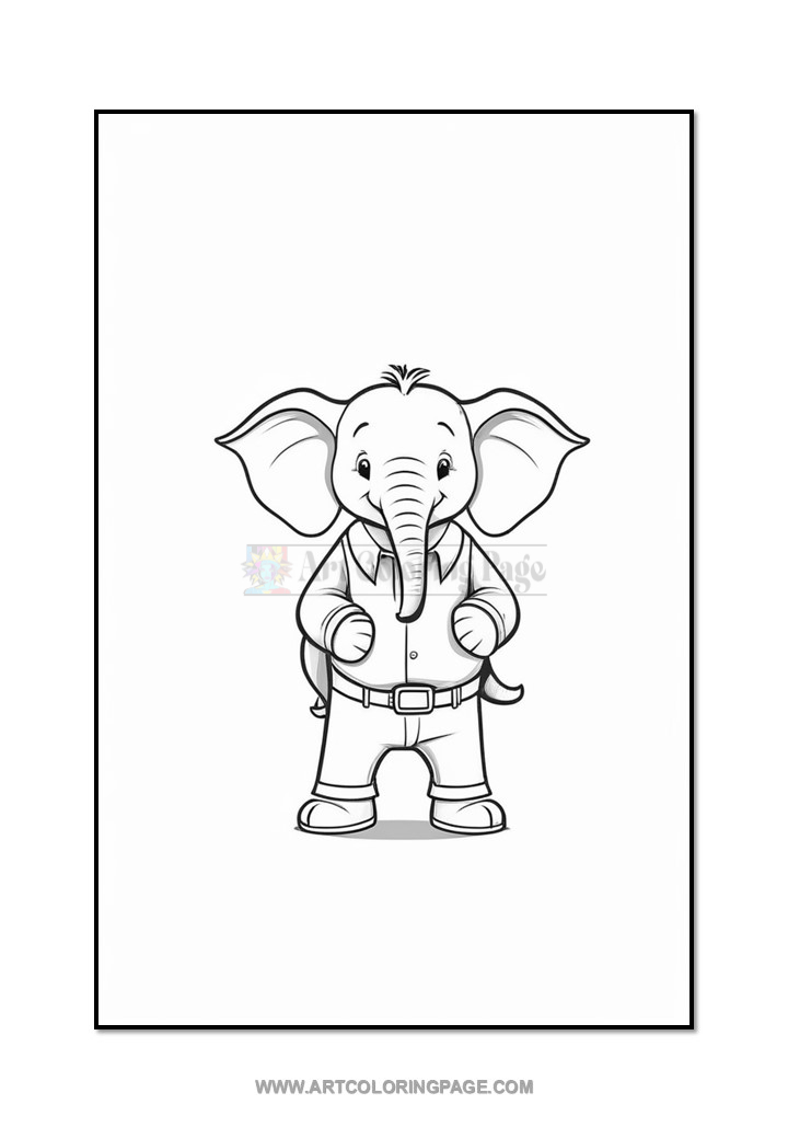 A cartoon elephant wearing a collared shirt and pants, standing with its arms slightly raised in a playful pose, outlined in black and ready for coloring on a blank page.