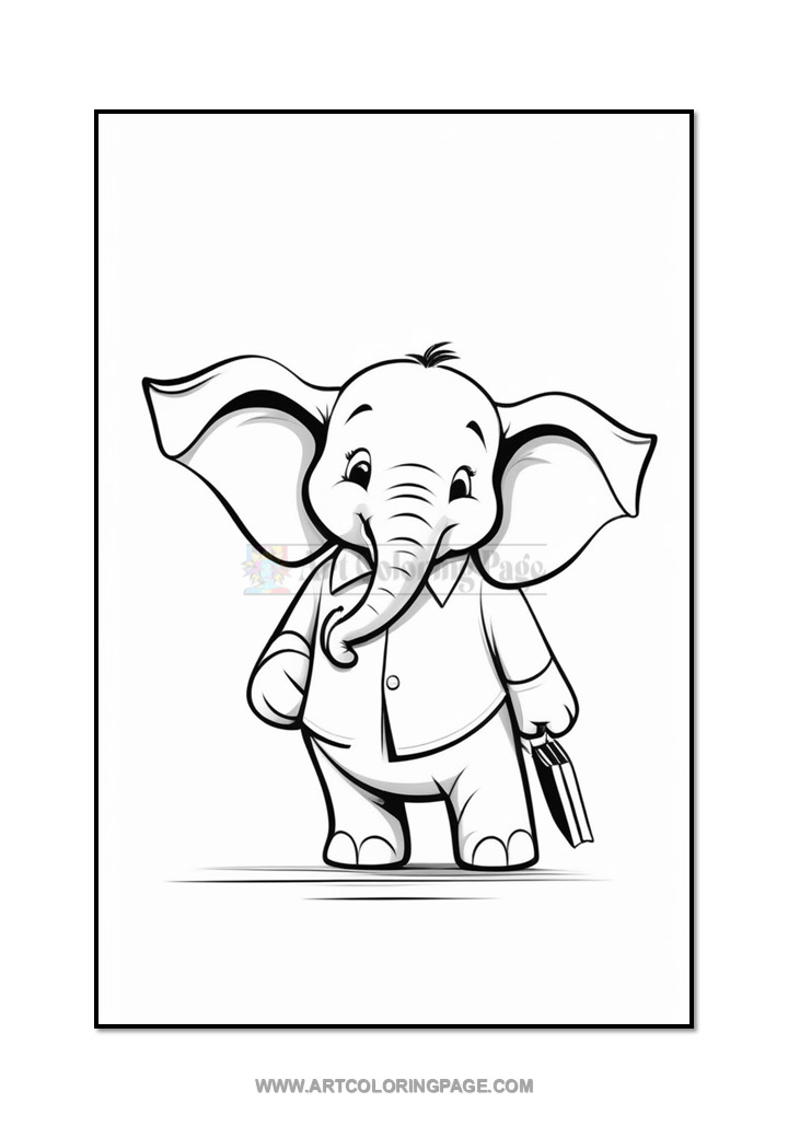 A cartoon-style elephant wearing a suit and holding a briefcase, standing upright against a plain white background, designed as a coloring page.